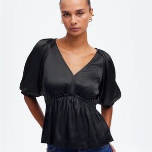Madewell True Black Shirred Puff Sleeve Satin Top